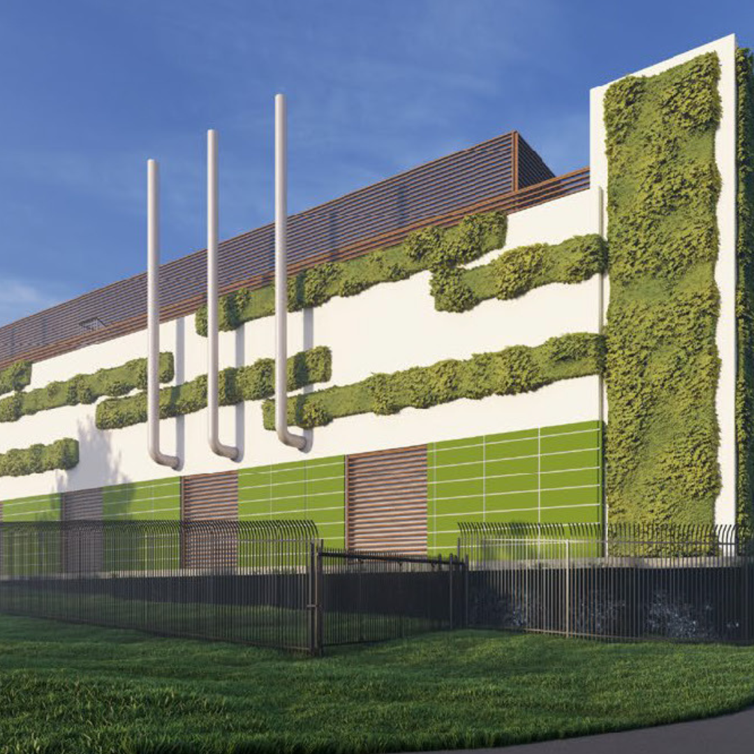 Ground-level visualizations of a modern data center, showcasing the exterior of the building with a focus on its architecture, structure, and surrounding environment.